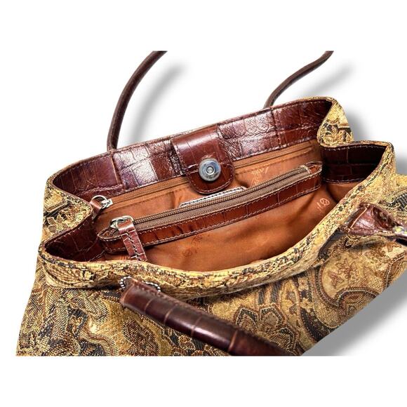 Vintage Fossil Floral Tapestry Carpet Handbag Purse Leather Satchel Boho - Picture 9 of 10